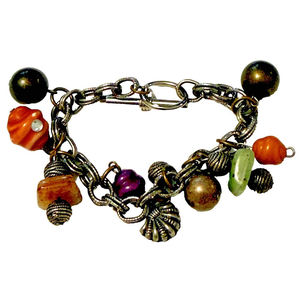 Y2K Boho Chunky Charm Bracelet Silver Tone Shell Mixed Stone Beads Eclectic